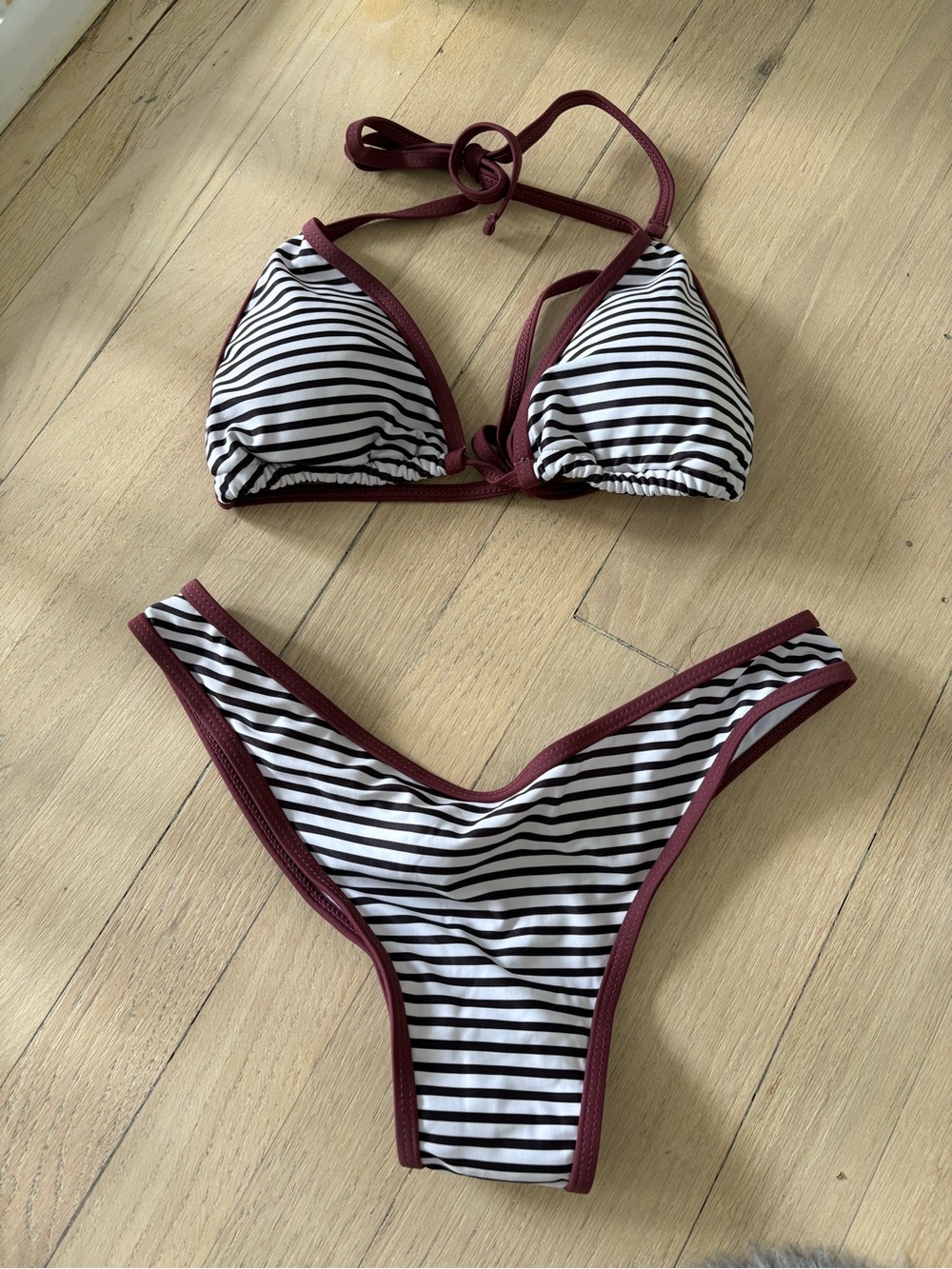 Striped Triangle Bikini Set with Maroon Trim